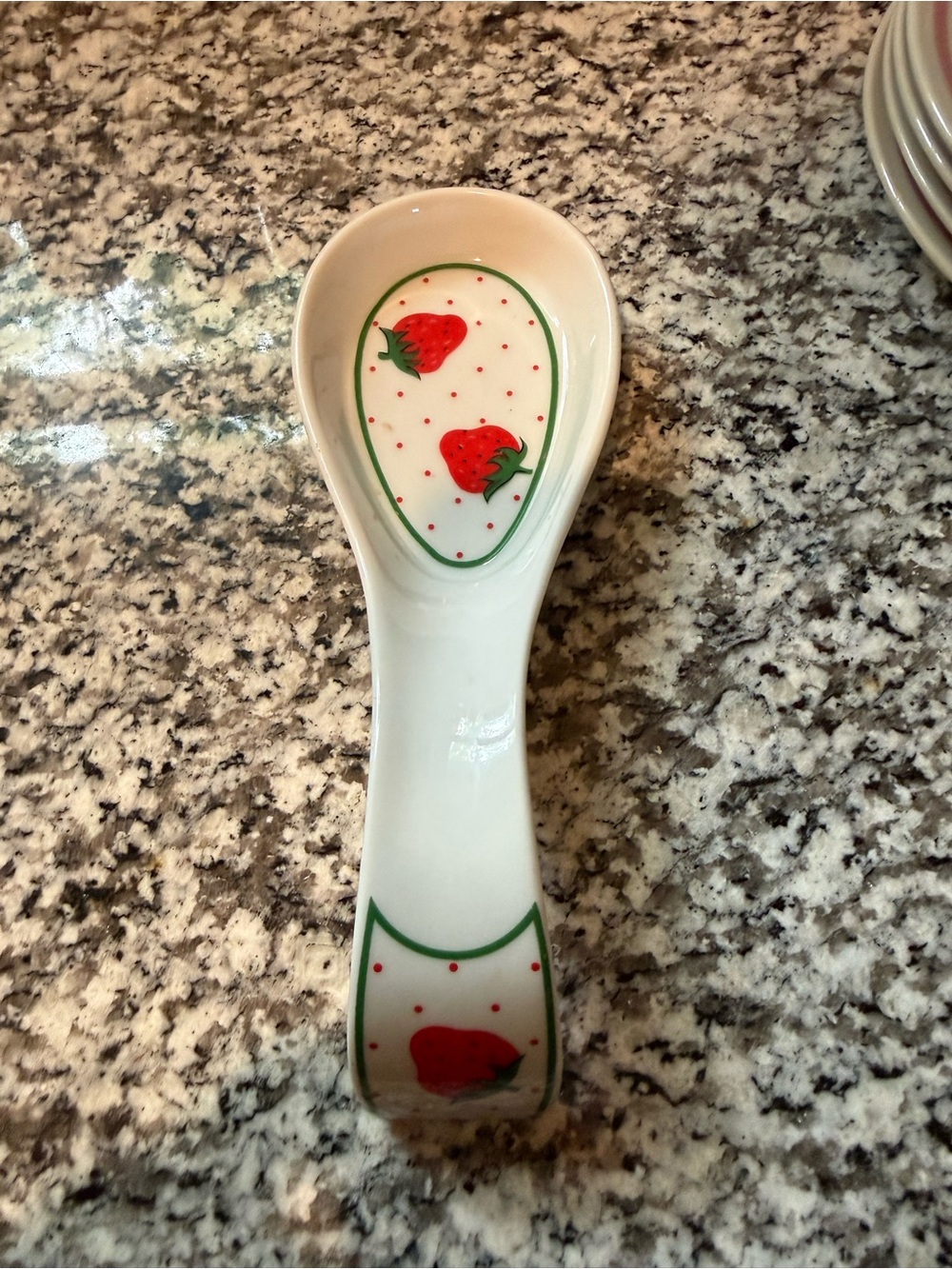 White Ceramic Spoon Rest with Red Strawberry Accent